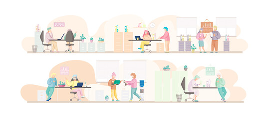 Business people man and woman talking. Colleagues discussing work, chatting communicating sitting at office desk. Businesspeople have project strategy planning meeting. Teamwork with business plan