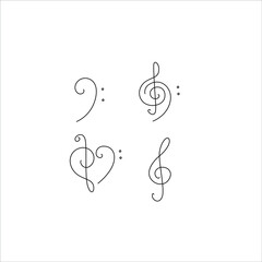 Treble and bass clef, musical note, small tattoo, print for clothes and logo design, emblem or logo design, silhouette one single line, isolated abstract vector illustration.