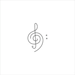 Treble and bass clef, small tattoo, print for clothes and logo design, emblem or logo design, silhouette one single line, isolated abstract vector illustration.