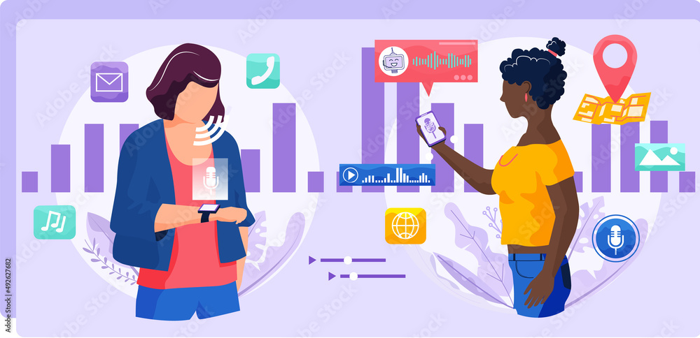 Poster voice assistant. smart speaker virtual assistant, sound robot, people using voice controlled smart s