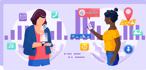 Voice assistant. Smart speaker virtual assistant, sound robot, people using voice controlled smart speaker. Voice activate digital assistant identification control contactless mobile device microphone