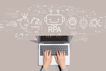 Robotic Process Automation RPA theme with person using a laptop computer