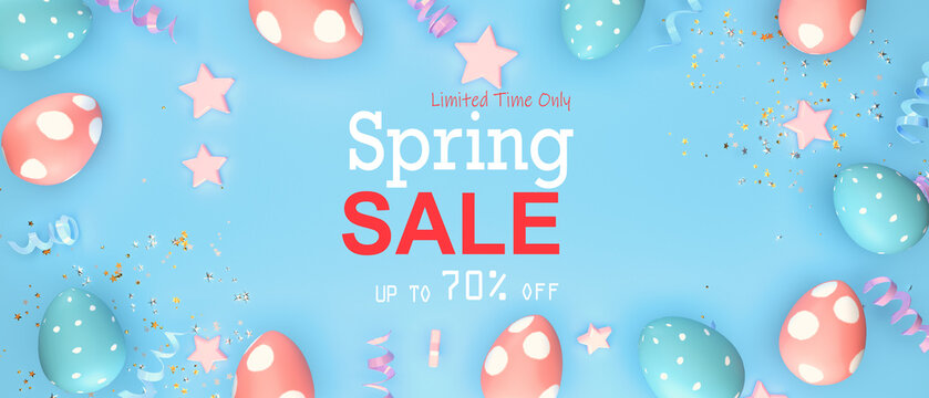 Spring sale message with Easter eggs with spring holiday pastel colors