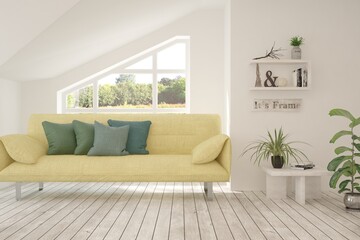 Mock up of stylish room in white color with sofa. Scandinavian interior design. 3D illustration