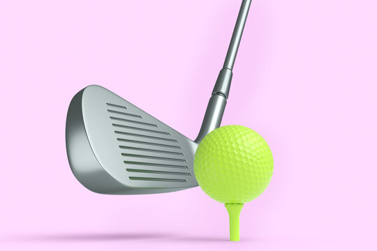 Sport equipment golf club and ball isolated on pink background.