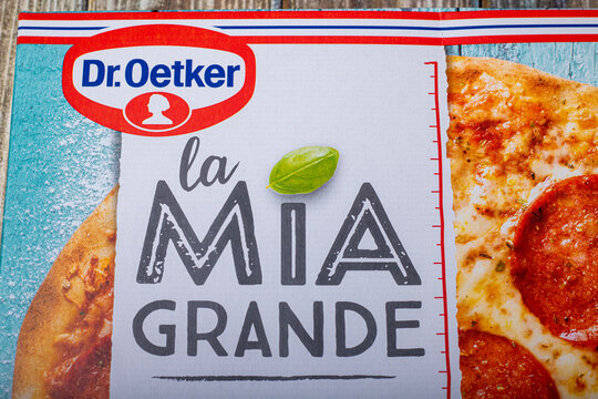 Neckargemuend, Germany: March 05, 2022: Packaging of "la mia grande" brand frozen pizza from German food manufacturer "Dr. Oetker"