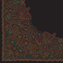 Vector bandana peacock print on black background. Floral pattern from rose flowers and fairy tale ornate birds. Quarter scarf, to get the whole shawl should be rotated around the upper right corner