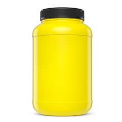 Yellow plastic jar for sport nutrition whey protein powder isolated on white