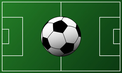 A soccer ball on the background of a dark green football field. Modern sports background, for the design of a sports website, banner, design concept. Vector illustration.