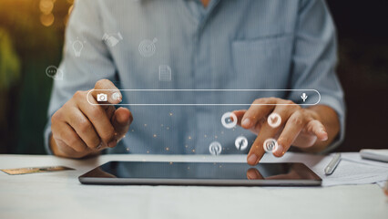 person working with digital tablet for manage search engine optimization : SEO with social media content and advertisement from website.