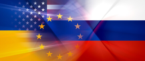background flag design of Ukraine and Europe and USA and Russia 3d-illustration © wetzkaz