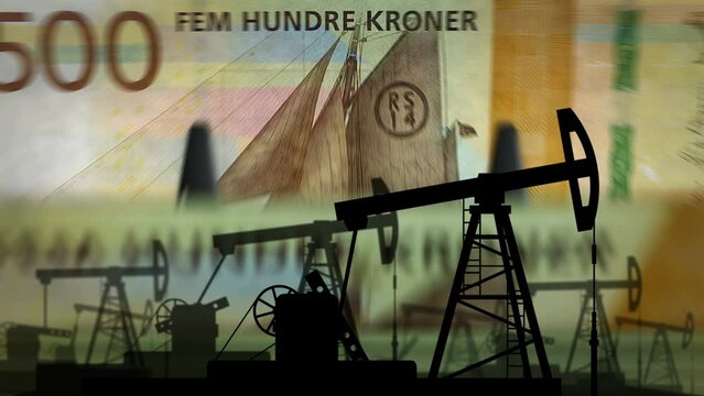 Norway Krone money counting machine with oil pump. Petroleum rig and fuel business with Norwegian banknotes count. Economy abstract concept background animation loopable and seamless.