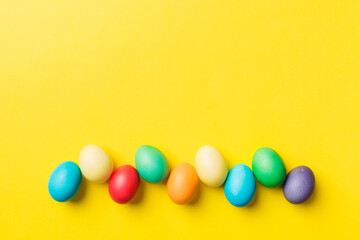 holiday preparation Multi colors Easter eggs on colored background . Pastel color Easter eggs. holiday concept with copy space