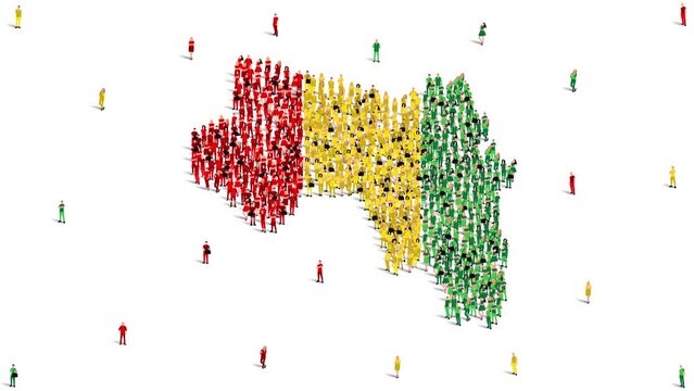 Guinea Map and Flag. A large group of people in the Guinea flag color form to create the map. 4K Animation Video.