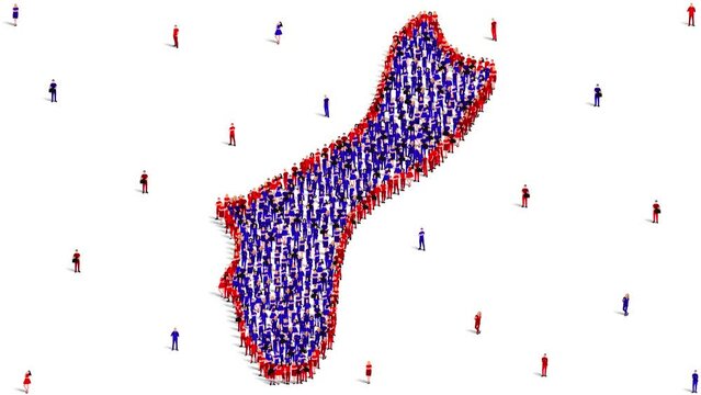 Guam Map and Flag. A large group of people in the Guam flag color form to create the map. 4K Animation Video.