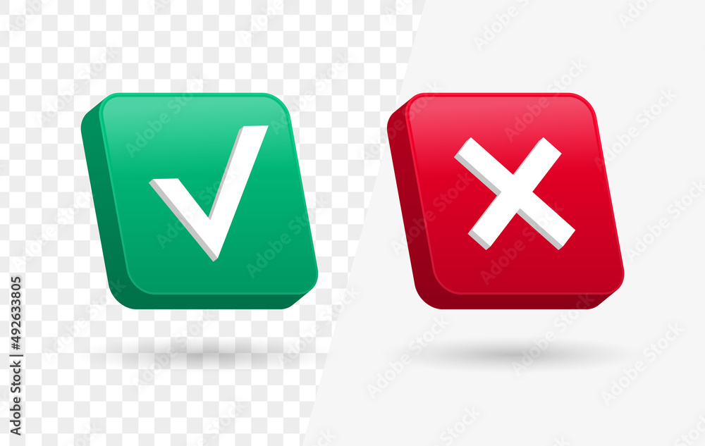 Poster 3d checkmark icon button correct and incorrect sign or check mark box frame with green tick and red cross symbols - yes or no 3d icons buttons