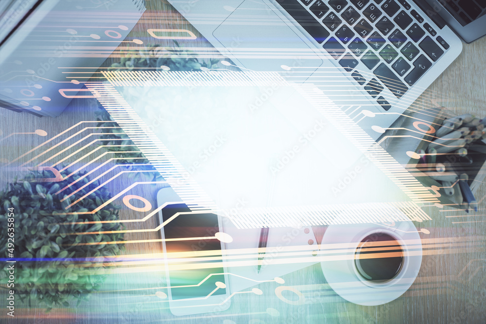 Poster double exposure of technology theme drawing over work table desktop. top view. global data analysis 
