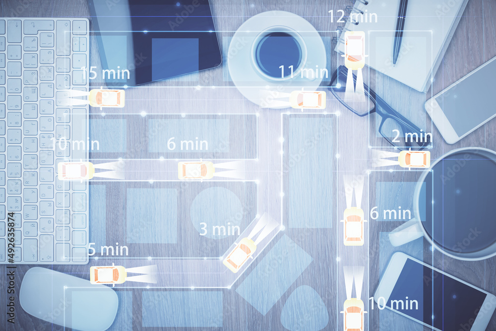 Poster Multi exposure of auto technology theme drawing over table with phone. Top view. Concept of automatic pilot.