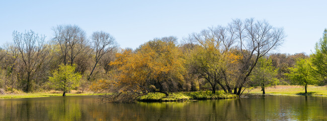 Panorama of a beautiful forest of green trees and a reflecting lake in autumn