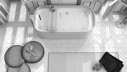 Unfinished project draft, contemporary bathroom in vintage apartment. Freestanding bathtub, carpet, pouf and appliances, parquet floor. Top view, above. Minimalist interior design