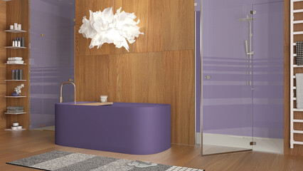 Minimalist wooden bathroom in purple tones in spa style, freestanding bathtub with accessories, shower with mosaic tiles, glass doors, lamp and carpet. Modern interior design idea