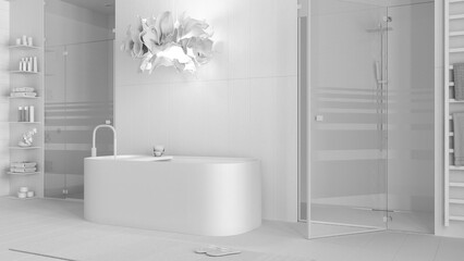 Naklejka na ściany i meble Total white project draft, minimalist wooden bathroom, spa style, freestanding bathtub with accessories, shower with mosaic tiles, glass doors, lamp and carpet. Modern interior design