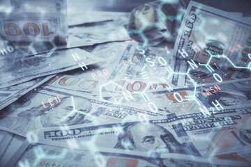 Double exposure of formula drawing over usa dollars bill background. Concept of education.