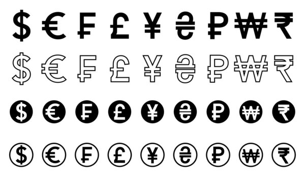 Set with currency symbols. Icons with currency signs. Popular currencies in the world. Vector 10 EPS.