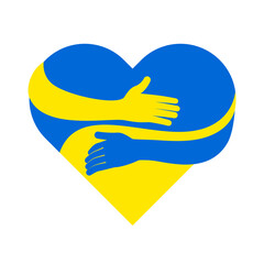 Support for Ukraine. Care, love and charity symbol. Embrace icon, arms hugging in colors of Ukraine , War in Ukraine, attack from Russia. hands hug heart. Vector illustration