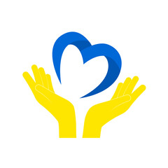 Support for Ukraine. Care, love and charity symbol. Heart in hands, War in Ukraine, attack from Russia. hands hug heart. Vector illustration