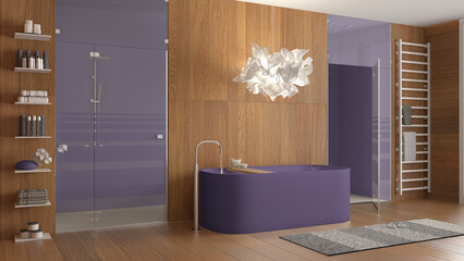 Contemporary wooden bathroom in purple tones, spa, freestanding bathtub, shower with mosaic tiles, rack with towels and shelves, accessories. Carpet and lamp. Interior design concept