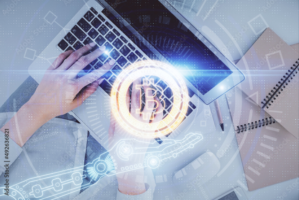 Poster double exposure of woman hands working on computer and blockchain theme hologram drawing. top view. 