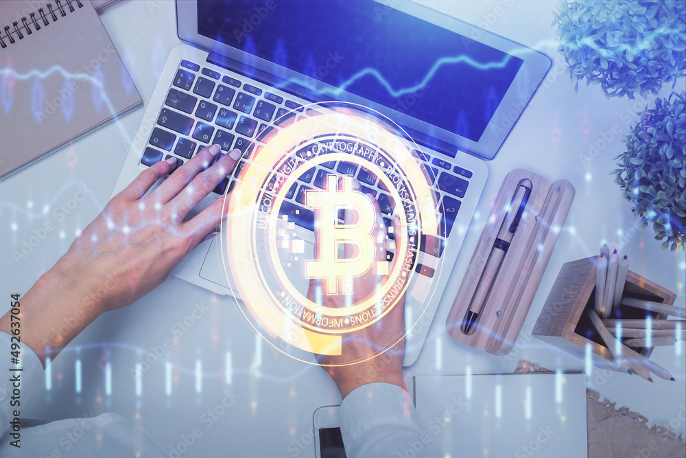 Poster double exposure of woman hands working on computer and blockchain theme hologram drawing. top view. 