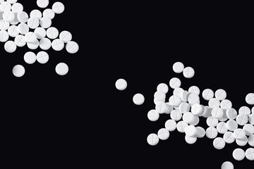 Medical pills and tablet. Macro top down view with background detail