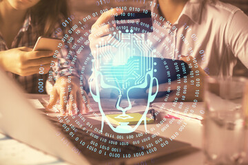 Double exposure of man and woman on-line shopping holding a credit card and brain hologram drawing. Ai and E-commerce pay on-line concept.