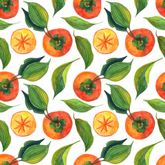 Watercolor seamless pattern of persimmon on a white background. Floral illustration for wrapping paper, textiles, greeting cards and invitations.