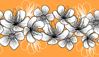 Background with blooming cherry flowers in monochrome colors.Seamless border with sakura  in graphic design  isolated on yellow.Vector floral illustration for card,print on fabric and paper,poster.