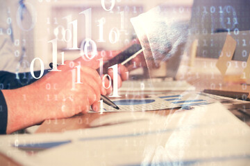 Multi exposure of man's hands holding and using a digital device and data theme drawing. Innovation concept.