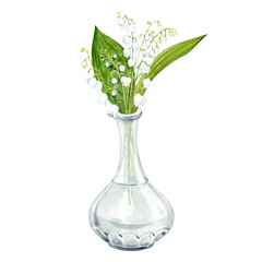 Watercolor illustration. Lilies of the valley. Bouquet in a glass vase. White spring flowers.