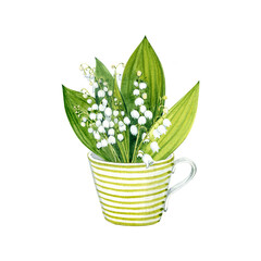 Lilies of the valley. Watercolor illustration. Bouquet in a striped cup. White spring flowers. - obrazy, fototapety, plakaty