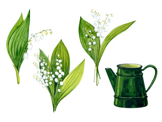 Watercolor clip art. Lilies of the valley. Bouquets and a dark green teapot for flowers. White spring flowers.