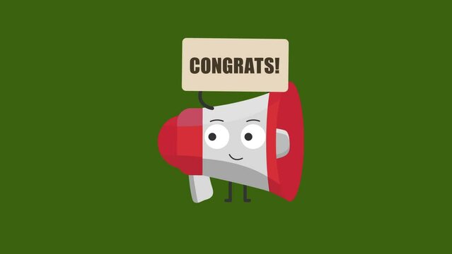 cute megaphone character with congrats sign.4K motion animation.