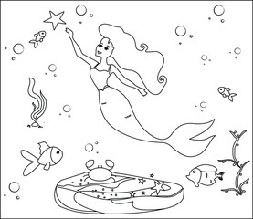 (Mermaid Coloring Page: 44) Cute mermaid with goldfishes, green grass, water bubbles on background, vector black and white coloring page.