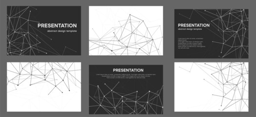 Black and white abstract ppt background. Tech slide with plexus line for brand book or brochure