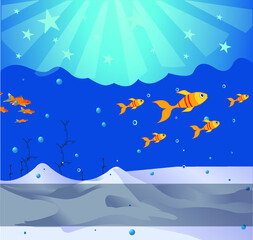 Mermaid underwater with goldfish, stars, water bubbles vector illustration.