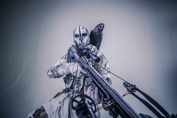 fighter with a crossbow and a raven, Apocalypse - obrazy, fototapety, plakaty