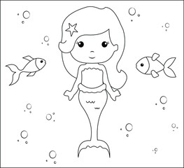 (Mermaid Coloring Page: 40) Cute mermaid with goldfishes, green grass, water bubbles on background, vector black and white coloring page.