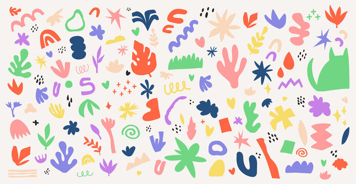 Collection of minimalistic aesthetic doodles and abstract bright elements on isolated background. Large collection of elements, unusual shapes in matisse art style hand-drawn