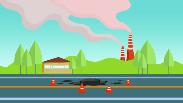 Old broken road with pits and cracks in asphalt and concrete fencing, Metallurgy Factory, polluted air