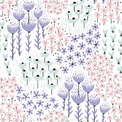 Vector seamless pattern background with pastel hand drawn flowers. Candy colors Cotton Candy, Lilac, Seaglass. Perfect for textile, fabric, wallpapers, graphic art, printing etc.